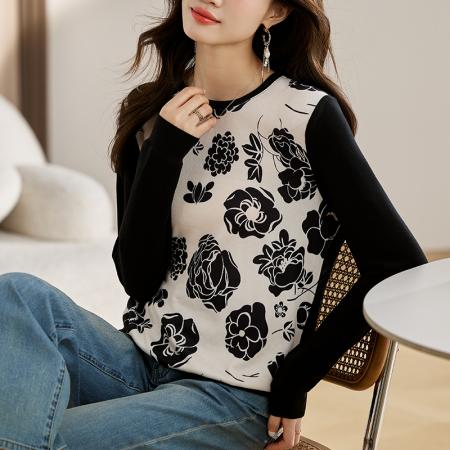 FA55693# 新款针织女长袖早春新款高端印花套头休闲圆领上衣 服裝批發女裝批發服飾貨源