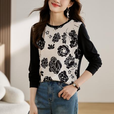 FA55693# 新款针织女长袖早春新款高端印花套头休闲圆领上衣 服裝批發女裝批發服飾貨源