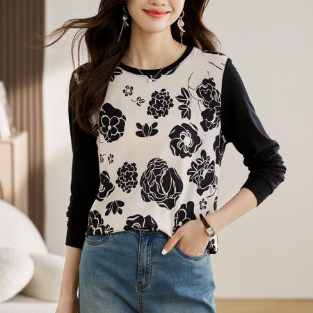 FA55693# 新款针织女长袖早春新款高端印花套头休闲圆领上衣 服裝批發女裝批發服飾貨源