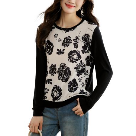 FA55693# 新款针织女长袖早春新款高端印花套头休闲圆领上衣 服裝批發女裝批發服飾貨源