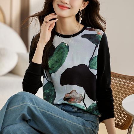 FA55694# 新款针织女长袖春新款高端印花套头休闲圆领上衣 服裝批發女裝批發服飾貨源