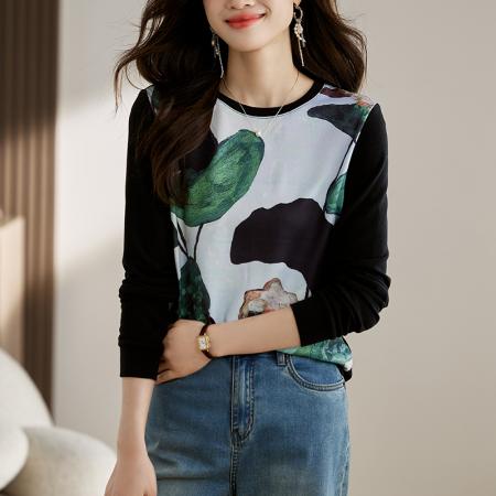 FA55694# 新款针织女长袖春新款高端印花套头休闲圆领上衣 服裝批發女裝批發服飾貨源