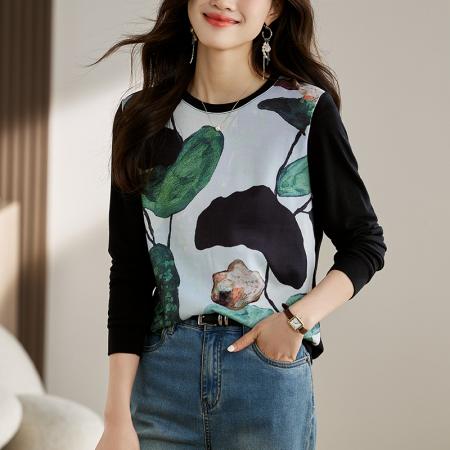 FA55694# 新款针织女长袖春新款高端印花套头休闲圆领上衣 服裝批發女裝批發服飾貨源