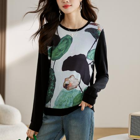 FA55694# 新款针织女长袖春新款高端印花套头休闲圆领上衣 服裝批發女裝批發服飾貨源