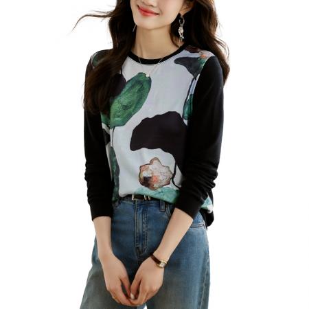 FA55694# 新款针织女长袖春新款高端印花套头休闲圆领上衣 服裝批發女裝批發服飾貨源