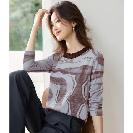 FA55695# 长袖设计感宽松套头上衣女秋新款韩国网印花圆领T恤 服裝批發女裝批發服飾貨源