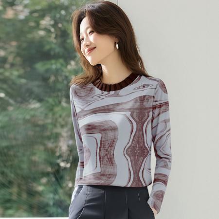 FA55695# 长袖设计感宽松套头上衣女秋新款韩国网印花圆领T恤 服裝批發女裝批發服飾貨源