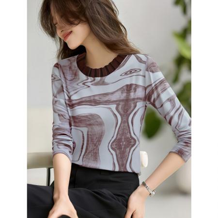 FA55695# 长袖设计感宽松套头上衣女秋新款韩国网印花圆领T恤 服裝批發女裝批發服飾貨源