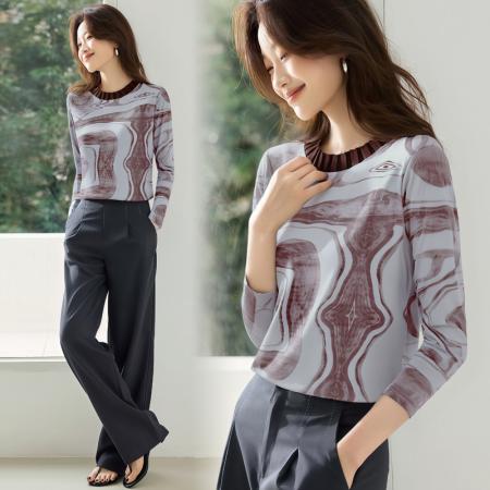 FA55695# 长袖设计感宽松套头上衣女秋新款韩国网印花圆领T恤 服裝批發女裝批發服飾貨源