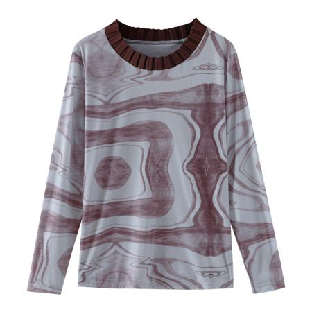 FA55695# 长袖设计感宽松套头上衣女秋新款韩国网印花圆领T恤 服裝批發女裝批發服飾貨源