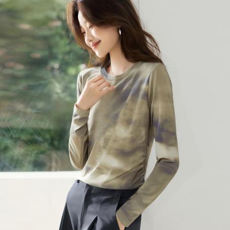 FA55696# 长袖设计感宽松套头上衣女秋新款韩国网印花圆领T恤 服裝批發女裝批發服飾貨源