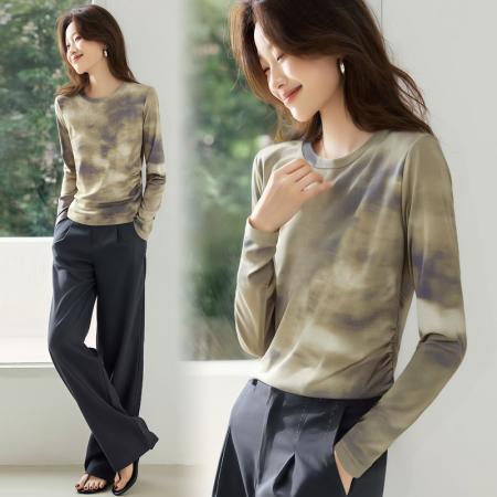 FA55696# 长袖设计感宽松套头上衣女秋新款韩国网印花圆领T恤 服裝批發女裝批發服飾貨源