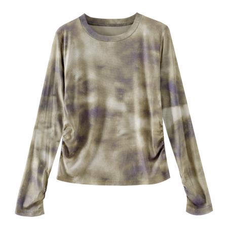 FA55696# 长袖设计感宽松套头上衣女秋新款韩国网印花圆领T恤 服裝批發女裝批發服飾貨源