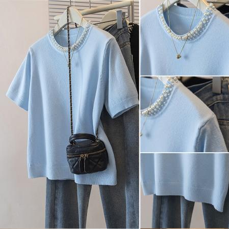 FA55697# 大码女装春季新款韩版针织T恤钉珠设计宽松显瘦针织衫上衣 服裝批發女裝批發服飾貨源
