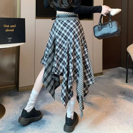 FA55699# 拼接格子半身裙不规则中长款春秋款韩版裙子配腰带 服裝批發女裝批發服飾貨源