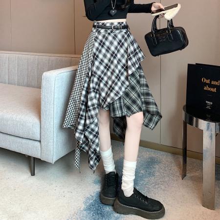 FA55699# 拼接格子半身裙不规则中长款春秋款韩版裙子配腰带 服裝批發女裝批發服飾貨源