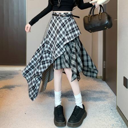 FA55699# 拼接格子半身裙不规则中长款春秋款韩版裙子配腰带 服裝批發女裝批發服飾貨源