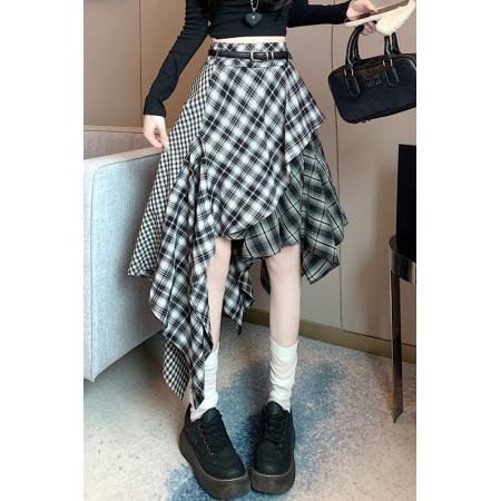 FA55699# 拼接格子半身裙不规则中长款春秋款韩版裙子配腰带 服裝批發女裝批發服飾貨源