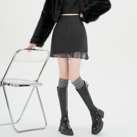 FA55700# 秋冬短裙女韩版A字半身裙秋季雪纺拼接百搭显瘦高腰裙子 服裝批發女裝批發服飾貨源