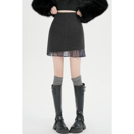 FA55700# 秋冬短裙女韩版A字半身裙秋季雪纺拼接百搭显瘦高腰裙子 服裝批發女裝批發服飾貨源