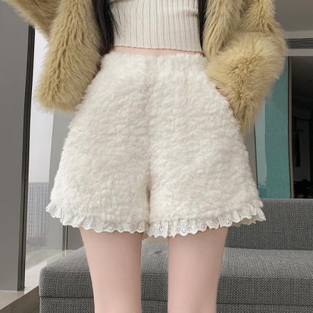 FA55701# 冬季新款百搭仿水貂毛阔腿裤蕾丝边毛绒高腰显瘦休闲短裤女 服裝批發女裝批發服飾貨源