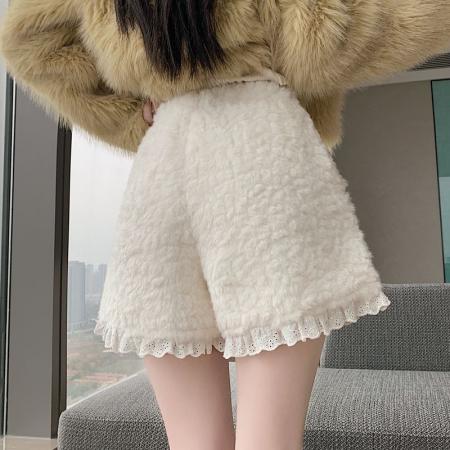 FA55701# 冬季新款百搭仿水貂毛阔腿裤蕾丝边毛绒高腰显瘦休闲短裤女 服裝批發女裝批發服飾貨源