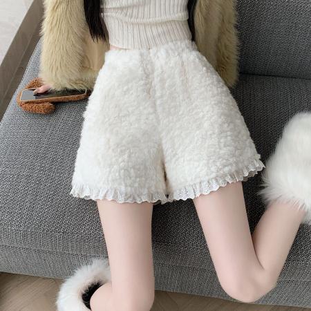 FA55701# 冬季新款百搭仿水貂毛阔腿裤蕾丝边毛绒高腰显瘦休闲短裤女 服裝批發女裝批發服飾貨源