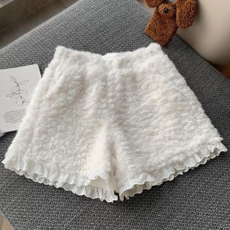 FA55701# 冬季新款百搭仿水貂毛阔腿裤蕾丝边毛绒高腰显瘦休闲短裤女 服裝批發女裝批發服飾貨源