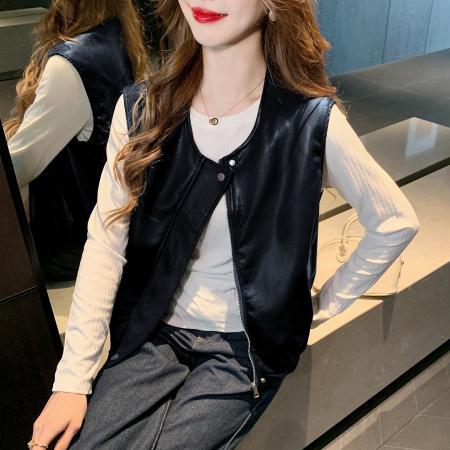 FA55702# 春季新款复古气质百搭拉链皮衣马甲韩版圆领下边褶皱上衣 服裝批發女裝批發服飾貨源