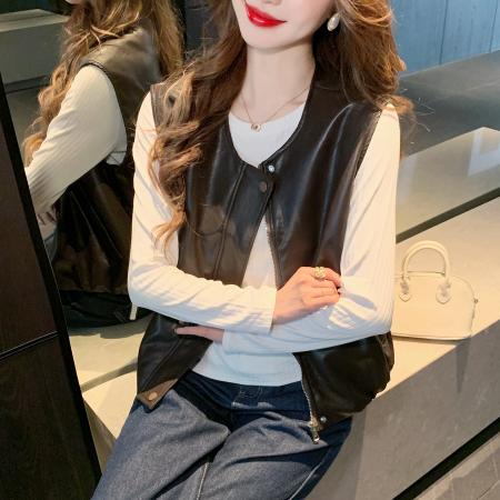 FA55702# 春季新款复古气质百搭拉链皮衣马甲韩版圆领下边褶皱上衣 服裝批發女裝批發服飾貨源