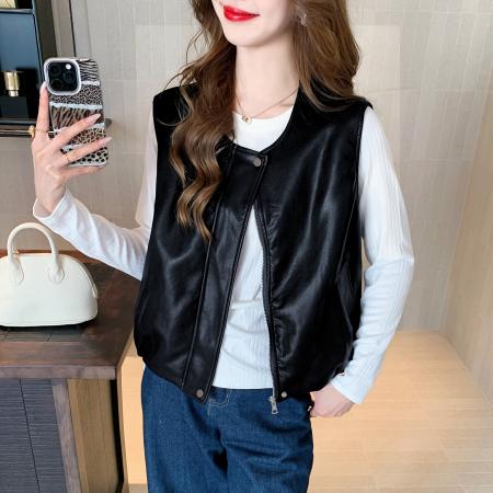 FA55702# 春季新款复古气质百搭拉链皮衣马甲韩版圆领下边褶皱上衣 服裝批發女裝批發服飾貨源