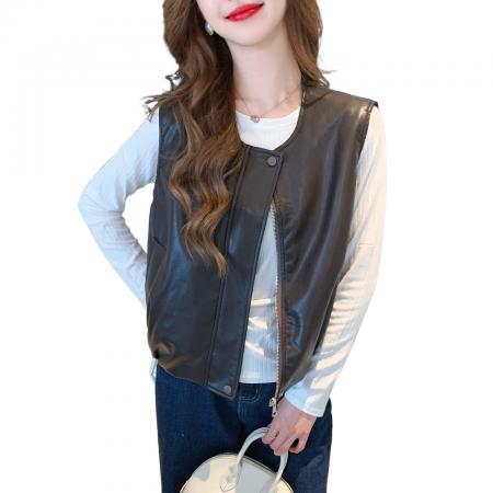 FA55702# 春季新款复古气质百搭拉链皮衣马甲韩版圆领下边褶皱上衣 服裝批發女裝批發服飾貨源
