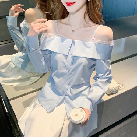 FA55703# 春季蕾丝花边一字领吊带衬衫女温柔气质法式修身长袖上衣 服裝批發女裝批發服飾貨源