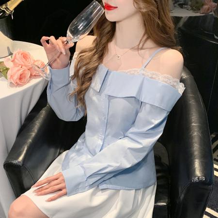 FA55703# 春季蕾丝花边一字领吊带衬衫女温柔气质法式修身长袖上衣 服裝批發女裝批發服飾貨源