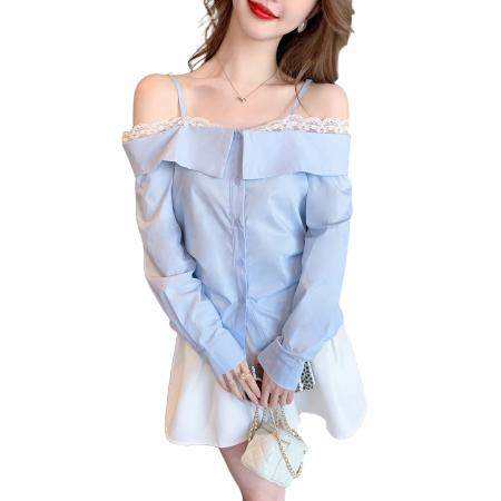 FA55703# 春季蕾丝花边一字领吊带衬衫女温柔气质法式修身长袖上衣 服裝批發女裝批發服飾貨源