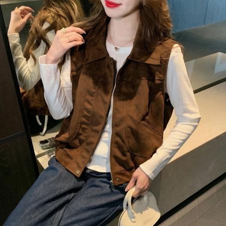 FA55704# 日系小众翻领马甲外套女春新款百搭马夹坎肩上衣减龄开衫 服裝批發女裝批發服飾貨源