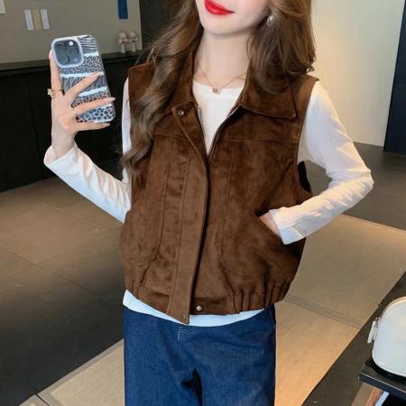 FA55704# 日系小众翻领马甲外套女春新款百搭马夹坎肩上衣减龄开衫 服裝批發女裝批發服飾貨源