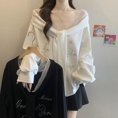 FA55705# 大码女装秋冬新款设计感V领蕾丝假两件印花宽松长袖卫衣 服裝批發女裝批發服飾貨源