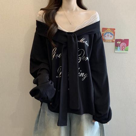 FA55705# 大码女装秋冬新款设计感V领蕾丝假两件印花宽松长袖卫衣 服裝批發女裝批發服飾貨源