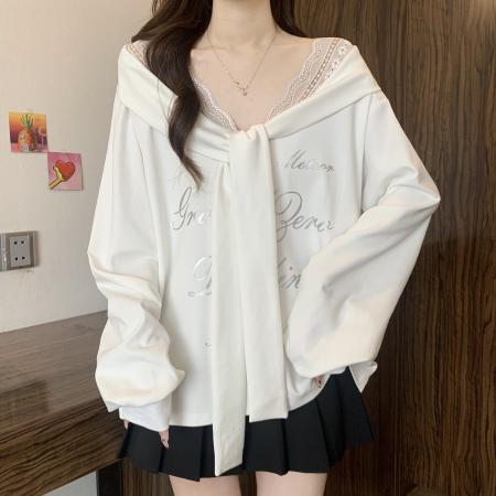 FA55705# 大码女装秋冬新款设计感V领蕾丝假两件印花宽松长袖卫衣 服裝批發女裝批發服飾貨源