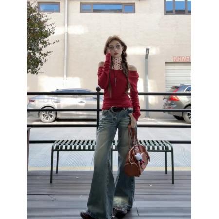 FA55706# 新年红色一字肩长袖T恤女春装修身半高领背心真两件套 服裝批發女裝批發服飾貨源