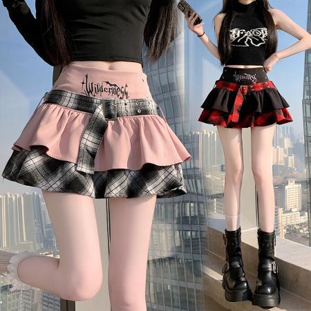 FA55707# 辣妹短裙女春夏格纹拼接高腰显瘦A字裙朋克风防走光百褶裙潮 服裝批發女裝批發服飾貨源