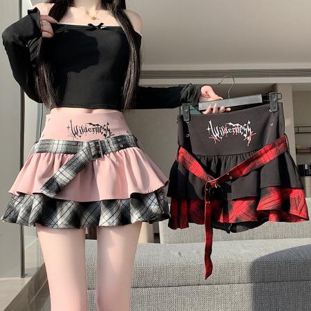 FA55707# 辣妹短裙女春夏格纹拼接高腰显瘦A字裙朋克风防走光百褶裙潮 服裝批發女裝批發服飾貨源