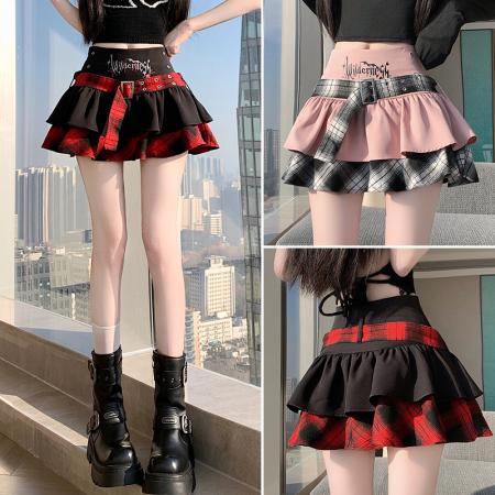 FA55707# 辣妹短裙女春夏格纹拼接高腰显瘦A字裙朋克风防走光百褶裙潮 服裝批發女裝批發服飾貨源