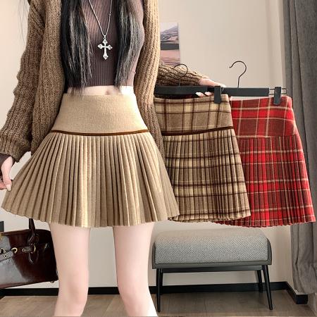 FA55708# 复古撞色毛呢格子百褶裙女秋冬季新款高腰学院风百搭a字短裙 服裝批發女裝批發服飾貨源