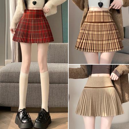 FA55708# 复古撞色毛呢格子百褶裙女秋冬季新款高腰学院风百搭a字短裙 服裝批發女裝批發服飾貨源