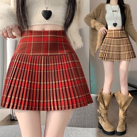 FA55708# 复古撞色毛呢格子百褶裙女秋冬季新款高腰学院风百搭a字短裙 服裝批發女裝批發服飾貨源