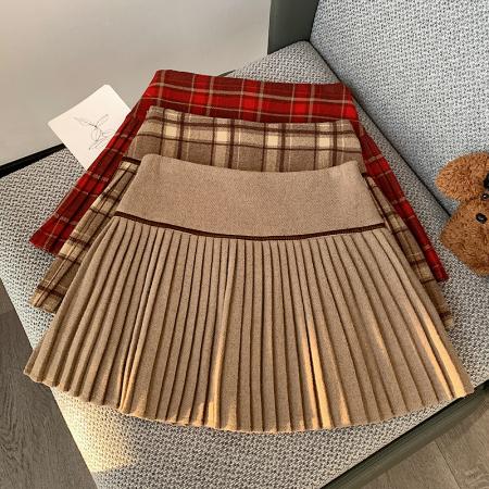 FA55708# 复古撞色毛呢格子百褶裙女秋冬季新款高腰学院风百搭a字短裙 服裝批發女裝批發服飾貨源