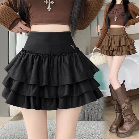 FA55709# 芭蕾风鹿皮绒蛋糕裙半身裙女秋冬高腰显瘦荷叶边a字蓬蓬短裙 服裝批發女裝批發服飾貨源