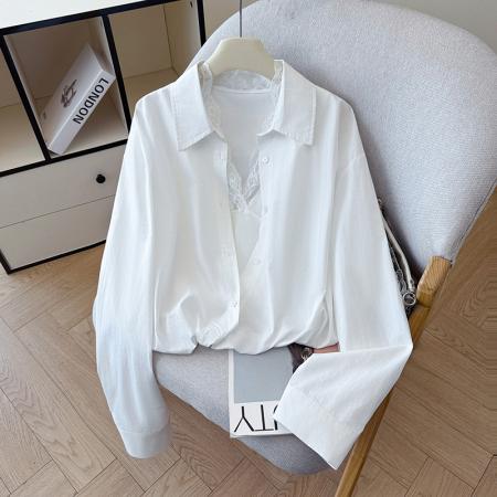 FA55710# 春季新款蕾丝拼接背心假两件套高腰不规则设计感衬衫套装女 服裝批發女裝批發服飾貨源